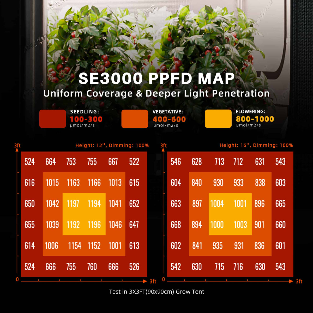 Spider farmer se3000 evo de 300w — carte de répartition ppfd